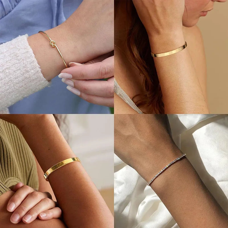 3 peças de pulseiras de punho de aço inoxidável para mulheres 14K banhadas a ouro e Prata.