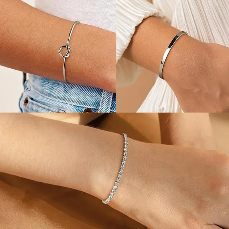 3 peças de pulseiras de punho de aço inoxidável para mulheres 14K banhadas a ouro e Prata.